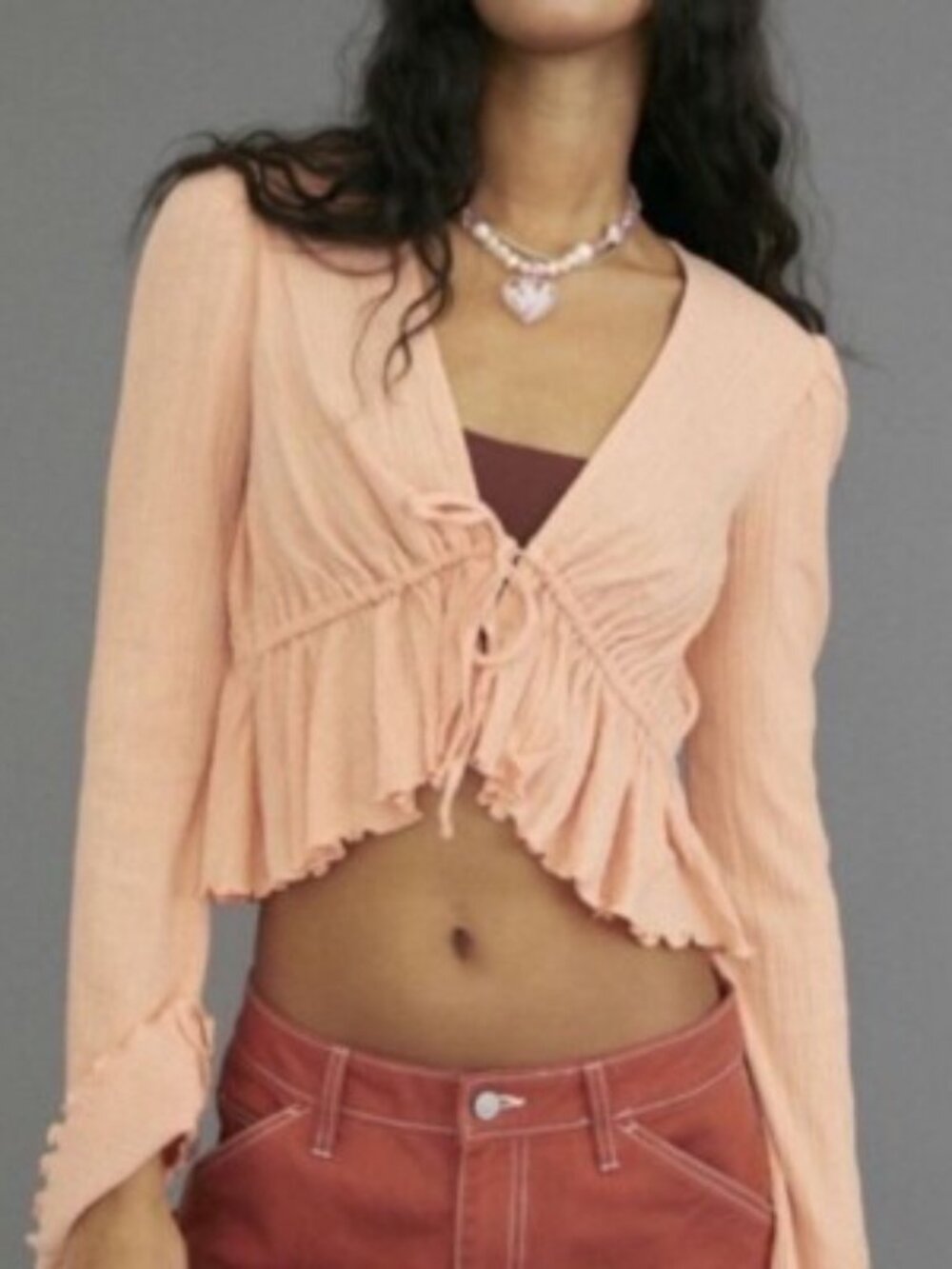 Urban Outfitters Lucielle Tie Front Ruffle Flare Sleeve Boho Crop Top S